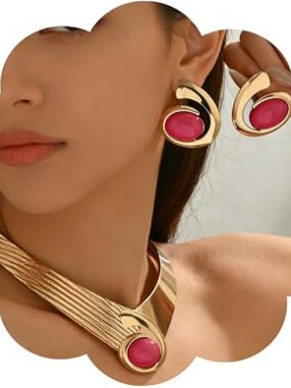 NEW Chunky Gold Statement Earrings Necklace Jewelry Set Oversized w Red Pendant
